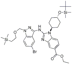 1H-benzimidazole-5-carboxylic acid, 2-[[5-bromo-1-[[2-(trimethylsilyl)ethoxy]methyl]-1h-indazol-3-yl]amino]-1-[trans-4-[[(1,1-dimethylethyl)dimethylsilyl]oxy]cyclohexyl]-, ethyl ester Structure,1012104-44-7Structure