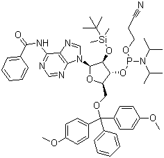 Adenosine, n-benzoyl-5-o-[bis(4-methoxyphenyl)phenylmethyl]-2-o-[(1,1-dimethylethyl)dimethylsilyl]-, 3-[2-cyanoethyl bis(1-methylethyl)phosphoramidite] Structure,104992-55-4Structure