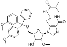 N-(9-((2r,3r,4r,5r)-5-((雙(4-甲氧基苯基)(苯基)甲氧基)甲基)-4-羥基-3-甲氧基四氫呋喃-2-基)-6-氧代-6,9-二氫-1H-嘌呤-2-基)異丁酰胺結(jié)構(gòu)式_114745-26-5結(jié)構(gòu)式