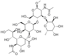 甲基(6R)-5-乙酰氨基-3,5-二脫氧-6-[(1R,2R)-1,2,3-三羥基丙基]-beta-L-蘇式-己-2-酮吡喃糖基-(2->3)-beta-D-吡喃半乳糖基-(1->4)-[6-脫氧-alpha-L-吡喃半乳糖基-(1->3)]-2-乙酰氨基-2-脫氧-beta-D-吡喃葡萄糖苷結(jié)構(gòu)式_141612-87-5結(jié)構(gòu)式