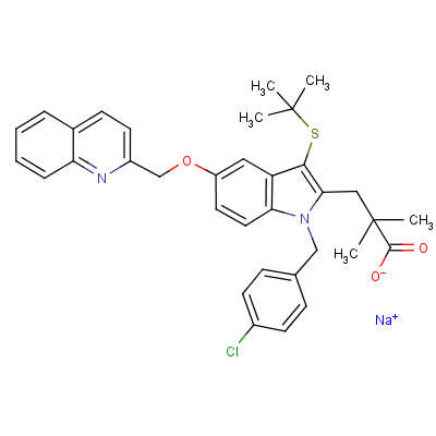 1-[(4-氯苯基)甲基]-3-[(1,1-二甲基乙基)硫代]-α,α-二甲基-5-(2-喹啉甲氧基)-1H-吲哚-2-丙酸鈉結構式_147030-01-1結構式