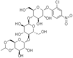 O-4，6-O-乙叉-ａ-D-吡喃葡萄糖基(1→4)-O-ａ-D-吡喃葡萄糖基-(1→4)-ａ-D-吡喃葡萄2-氯-4-硝基苯基苷結(jié)構(gòu)式_199603-68-4結(jié)構(gòu)式