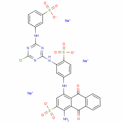 2-Anthracenesulfonic acid, 1-amino-4-[[3-[[4-chloro-6-[(3-sulfophenyl)amino]-1,3,5-triazin-2-yl]amino ]-4-sulfophenyl]amino]-9,10-dihydro-9,10-dioxo-, trisodium salt Structure,23422-12-0Structure