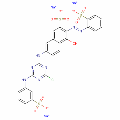 2-Naphthalenesulfonic acid, 7-[[4-chloro-6-[(3-sulfophenyl) amino]-1,3,5-triazin-2-yl]amino]-4-hydroxy-3-[(2-sulfophenyl)azo]-, trisodium salt Structure,23532-29-8Structure