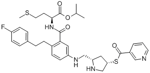 N-[2-[2-(4-氟苯基)乙基]-5-[[[(2S,4S)-4-[(3-吡啶羰基)硫代]-2-吡咯啉]甲基]氨基]芐基]-L-蛋氨酸 1-甲基乙酯結(jié)構(gòu)式_345915-10-8結(jié)構(gòu)式