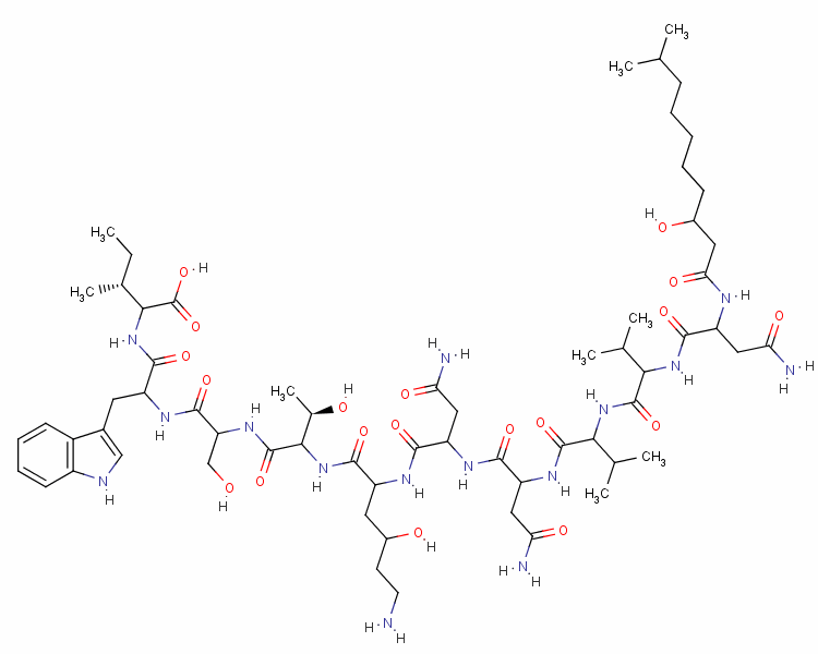 N2-(3-羥基-10-甲基癸?；?-D-天冬氨酰胺酰-D-纈氨酰-D-纈氨酰-L-天冬氨酰胺酰-D-天冬氨酰胺酰-[(4R)-4-羥基-L-賴氨酰-]-D-別蘇氨酰-L-絲氨酰-D-色氨酰-D-別異亮氨酸結(jié)構(gòu)式_55467-31-7結(jié)構(gòu)式