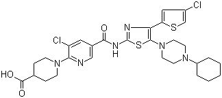 1-[3-氯-5-[[[4-(4-氯-2-噻吩基)-5-(4-環(huán)己基-1-哌嗪基)-2-噻唑基]氨基]羰基]-2-吡啶基]-4-哌啶羧酸結(jié)構(gòu)式_570406-98-3結(jié)構(gòu)式