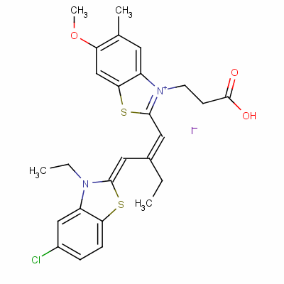 3-(2-羧基乙基)-2-[2-[(5-氯-3-乙基-3H-苯并噻唑-2-亞基)甲基]丁-1-烯基]-6-甲氧基-5-甲基苯并噻唑鎓碘化物結(jié)構(gòu)式_63870-54-2結(jié)構(gòu)式