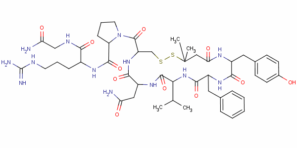 3-巰基-3-甲基-丁?；?酪氨酰-苯丙氨酰-纈氨酰-天冬氨酰胺酰-半胱氨酰-脯氨酰-D-精氨酰-甘氨酰胺結(jié)構(gòu)式_64158-84-5結(jié)構(gòu)式