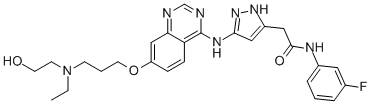 5-[[7-[3-[乙基(2-羥基乙基)氨基]丙氧基]-4-喹唑啉]氨基]-N-(3-氟苯基)-1H-吡唑-3-乙酰胺結(jié)構(gòu)式_722544-51-6結(jié)構(gòu)式
