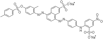 5(or 8)-[[3-甲基-4-[[(4-甲基苯基) 磺酰基]氧基]苯基]氮雜]-8(or 5)-[[4-[(4-硝基-2-硫苯基)氨基]苯基]氮雜]-2-萘磺酸結(jié)構(gòu)式_8003-88-1結(jié)構(gòu)式