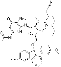 N-乙?；?5-o-(4,4-二甲氧基三苯甲游基)-2-o-甲基鳥苷-3-(2-氰基乙基-N,N-二異丙基)亞磷酰胺結(jié)構(gòu)式_909033-40-5結(jié)構(gòu)式