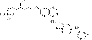 3-[[7-[3-[乙基[2-(磷酰氧基)乙基]氨基]丙氧基]-4-喹唑啉基]氨基]-N-(3-氟苯基)-1H-吡唑-5-乙酰胺結(jié)構(gòu)式_957881-03-7結(jié)構(gòu)式