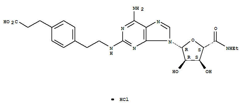 3-{4-[2-({6-氨基-9-[(2R,3R,4S,5S)-5-(乙基氨基甲酰)-3,4-二羥基四氫-2-呋喃基]-9H-嘌呤-2-基}氨基)乙基]苯基}丙酸鹽酸鹽(1:1)結(jié)構(gòu)式_124431-80-7結(jié)構(gòu)式