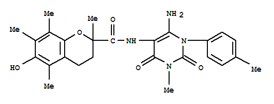  n-[6-氨基-1,2,3,4-四氫-3-甲基-1-(4-甲基苯基)-2,4-二氧代-5-嘧啶]-3,4-二氫-6-羥基-2,5,7,8-2H-1-苯并吡喃-2-羧酰胺結(jié)構(gòu)式_204980-86-9結(jié)構(gòu)式