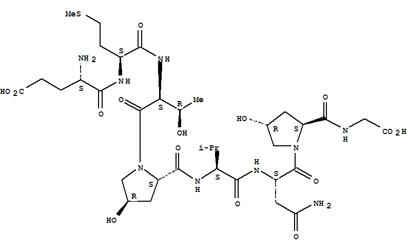 L-alpha-谷氨酰-L-蛋氨酰-L-蘇氨酰-(4R)-4-羥基-L-脯氨酰-L-纈氨酰-L-天冬氨酰胺酰-(4R)-4-羥基-L-脯氨酰-甘氨酸結(jié)構(gòu)式_393827-71-9結(jié)構(gòu)式