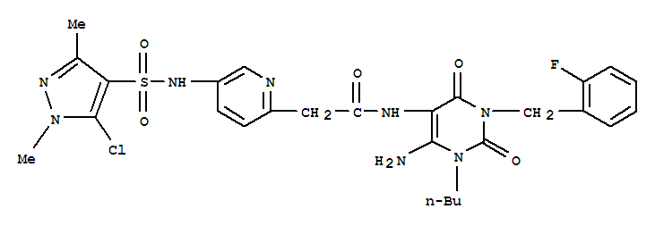 n-[6-氨基-1-丁基-3-[(2-氟苯基)甲基]-1,2,3,4-四氫-2,4-二氧代-5-嘧啶]-5-[[(5-氯-1,3-二甲基-1H-吡唑-4-2-吡啶乙酰胺結(jié)構(gòu)式_748149-17-9結(jié)構(gòu)式