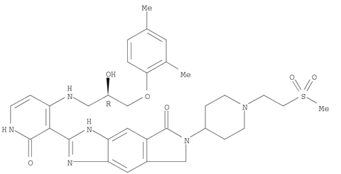 2-(4-((3-(2,4-二甲基苯氧基)-2-羥基丙基)氨基)-2-氧代-1,2-二氫吡啶-3-基)-6-(1-(2-(甲基磺?；?乙基)哌啶-4-基)-6,7-二氫咪唑并[4,5-f]異吲哚-5(3H)-酮結(jié)構(gòu)式_1008448-19-8結(jié)構(gòu)式