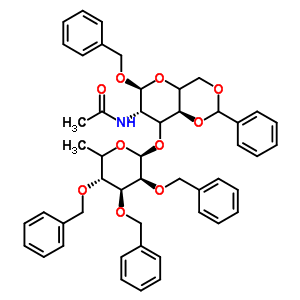 芐基2-乙酰氨基-2-脫氧-3-O-(2,3,4-三-O-芐基-alpha-L-吡喃巖藻糖基)-4,6-亞芐基-alpha-D-吡喃葡萄糖苷結(jié)構(gòu)式_196941-73-8結(jié)構(gòu)式