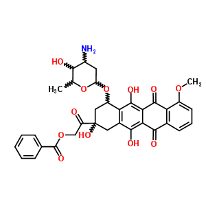 (8S-順式)-10-((3-氨基-2,3,6-三脫氧-alpha-L-來蘇-己糖吡喃糖苷)氧基)-8-((苯甲酰氧基)乙酰基)-7,8,9,10-四氫-6,8,11-三羥基-1-甲氧基-5,12-并四苯醌結(jié)構(gòu)式_59367-03-2結(jié)構(gòu)式