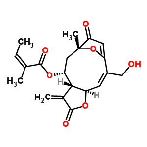 (Z)-2-甲基-2-丁烯酸 (3aR,4R,6R,10Z,11aR)-2,3,3a,4,5,6,7,11alpha-八氫-10-羥基甲基-6-甲基-3-亞甲基-2,7-二氧代-6,9-環(huán)氧環(huán)癸并[b]呋喃-4-基酯結(jié)構(gòu)式_59481-48-0結(jié)構(gòu)式