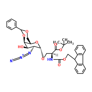 2-Methyl-2-propanyl (2s)-3-{[(4as,6s,7s,8r,8ar)-7-azido-8-hydroxy-2-phenylhexahydropyrano[3,2-d][1,3]dioxin-6-yl]oxy}-2-{[(9h-fluoren-9-ylmethoxy)carbonyl]amino}propanoate Structure,878483-02-4Structure