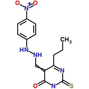 5-[[2-(4-Nitrophenyl)hydrazinyl]methylidene]-6-propyl-2-sulfanylidene-pyrimidin-4-one Structure,92295-35-7Structure